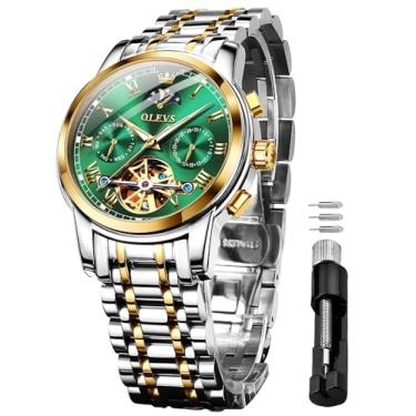 Imagem de OLEVS Relógios masculinos automáticos esqueleto turbilhão mecânico corda automática luxo relógio de pulso presentes, Pulseira de dois tons e mostrador verde, 6617