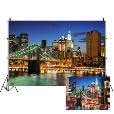 Imagem de Papel de parede AOFOTO 17,78 cm x 12,7 m New York City Brooklyn Bridge Fundo Centro Arranha-céus para fotografia noturna cenário do horizonte de Manhattan rio Hudson Homem Retrato de estúdio para adultos