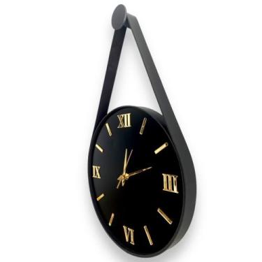 Imagem de Relógio Parede Adnet 30cm (Silencioso) Preto, Alças Couro Preto, Algar