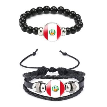 Imagem de Ykonuyis Pulseira de corda elástica de metal com contas pretas e pulseira de corda trançada de couro de liga para homens e mulheres apoia o seu país, Medium, Zinco, Vidro