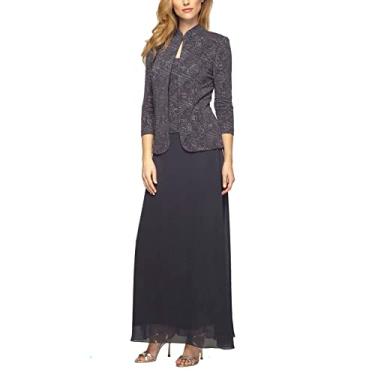Imagem de Alex Evenings Vestido longo feminino com gola mandarim (Regular Petite Plus), Fumê, 44
