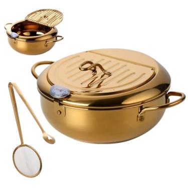 Imagem de Fritadeira de aço inoxidável para casa, frigideira Tempura de 3260 g com termômetro e tampa de gotejamento de óleo, frigideira funda estilo japonês com clipe de filtro, para chips Tempura, peixe e