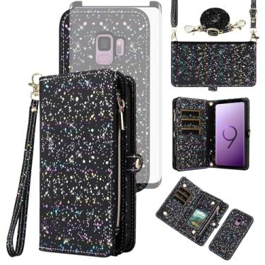Imagem de Asuwish Capa de celular para Samsung Galaxy S9 carteira com zíper magnética destacável com protetor de tela de vidro temperado e suporte de cartão com glitter, acessórios para celular S 9 Edge 9S GS9