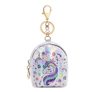 Imagem de RARITY-US Mini carteira com zíper em torno de uma linda bolsa de moedas holográfica de unicórnio com chaveiro, Prata, one