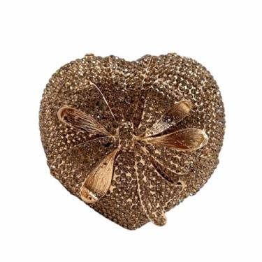 Imagem de WuDiaoer Elegante bolsa para noite com strass coração laço em forma de coração caixa de presente bolsa de cristal para mulheres formatura casamento clutch, Dourado
