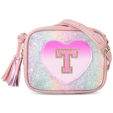 Imagem de Bolsa infantil de coração, presente de aniversário para meninas, linda bolsa de couro infantil, bolsa transversal pequena, bolsa personalizada com letras iniciais, Glitter-pinkletter, T