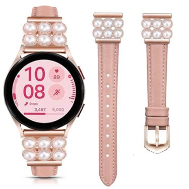Imagem de DEALELE Pulseiras compatíveis com Samsung Galaxy Watch 7 / FE / 6/6 Classic / 5/5 Pro / 4/4 Classic / 3 41 mm / Huawei GT3 / GT2 de 42 mm, couro macio de 20 mm com pulseira de pérolas brilhantes, rosa