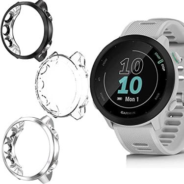 Imagem de Compatível com Garmin Forerunner 55, capa protetora de silicone Lamshaw compatível com relógio inteligente Garmin Forerunner 55 (pacote com 3 - transparente + preto + prata)