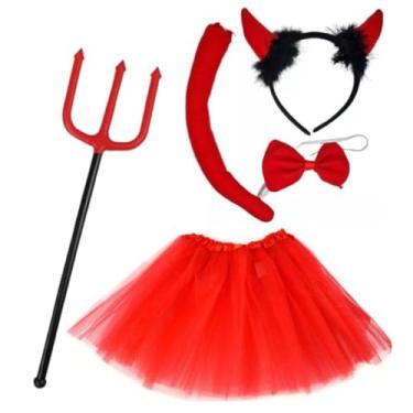 Imagem de Kit Fantasia Diabinho Completo Acessórios Festa Carnaval Cosplay Halloween + Tridente + Saia