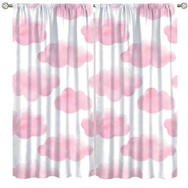 Imagem de Cortinas brancas e rosa nuvens para quarto de meninas, blecaute, fofas estampadas, pompom de nuvem, casa de fazenda, bolso para varão, tratamento de janela elegante para sala de estar 106 x 113 cm,