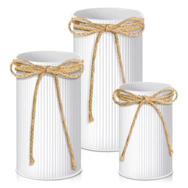 Imagem de Zonon 3 peças de decoração de vaso de fazenda com arco de barbante balde de flores galvanizado de 11 cm, vasos de metal de 15 cm, vasos decorados rústicos de 18 cm, para flores artificiais, mesa de