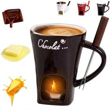 Imagem de Caneca de fondue de chocolate com garfo, copo de fondue de chocolate, copo pessoal de derretimento de chocolate para queijo, copo de derretimento de chocolate de cerâmica, caneca de derretimento de