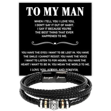 Imagem de VIRAGIL Pulseira To My Man, presente romântico para namorado, pulseiras masculinas, Love You Forever, presentes para filho, neto, marido, namorado, irmão, amor, fit, Couro, Sem Pedra Preciosa