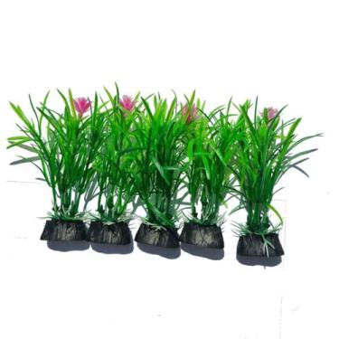 Imagem de Planta Artificial Verde c/ flor Aquário Decoração 5 un 8cm  - SKRw