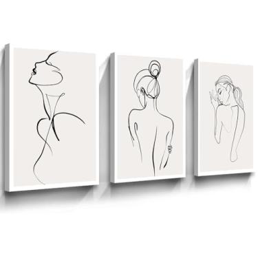 Imagem de Linha abstrata feminina arte de parede preto e branco desenho de linha arte de parede minimalista abstrato mulher contorno linha corpo desenho para decoração de quarto feminino tela embrulhada (Line