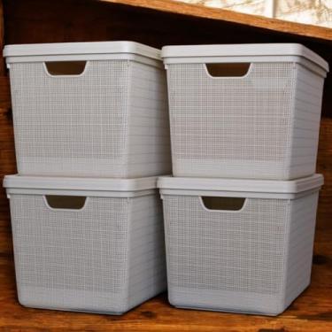 Imagem de Kit 4 Caixas Organizadoras Plásticas 22L com Tampa Empilháveis para Organização de Cozinha Banheiro Escritório (Bege)