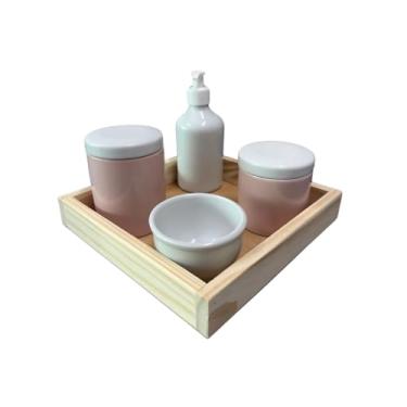 Imagem de Kit Higiene Bebê Porcelana c/Bandeja - Menino e Menina (POTES ROSAS/MOLHEIRA E SABONETEIRA BRANCA/TAMPA BRANCA/BANDEJA QUADRADA)