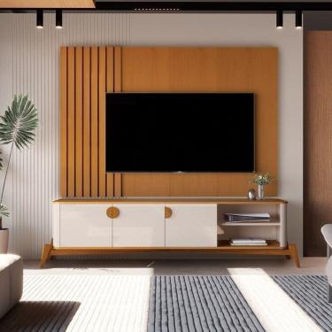 Imagem de Painel Boto Ripado e Bancada Buriti 1.8 Curva com Pés e Puxadores em Madeira Maciça Marrom/Offwhite