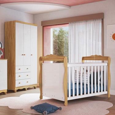 Imagem de Quarto de Bebê com Berço Minicama e Guarda-roupa 3 Portas 100% Mdf Nina Espresso Móveis Branco Brilho/Amêndoa