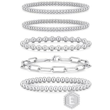 Imagem de adoyi Pulseiras de prata femininas com contas folheadas a ouro 14 quilates com letra inicial A-Z cordão elástico bola empilhável conjunto de pulseiras de prata ajustável joia presente para mulheres,