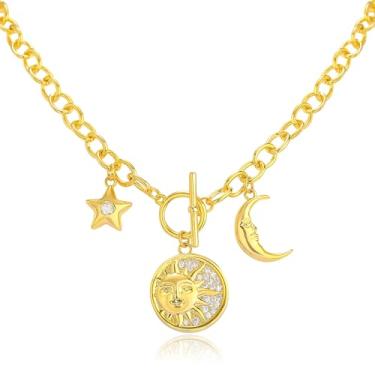 Imagem de Colar feminino com pingente de sol banhado a ouro 14K, zircônia cúbica, sol, lua, estrela, pingente ajustável, corrente de elos grossos, joia celestial moderna, presente para mulheres e homens, Latão