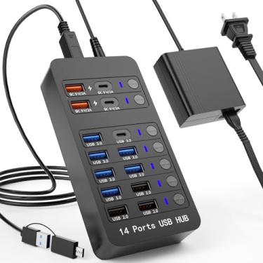 Imagem de Zeroffi Hub USB alimentado por 14 portas com 6 portas USB 3.0, 4 portas de carregamento, 1 porta de dados USB-C 3.0 e 1 porta de carregamento PD 60W com interruptores liga/desliga de LED para MacBook,