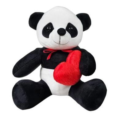 Imagem de Ursinho de Pelúcia Panda Preto e Branco com coração e com laço Romântico 20cm