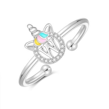 Imagem de CIVOKINA Anéis delicados de unicórnio com inicial para meninas, banhado a ouro 14 quilates/ouro rosa/prata para meninas, lindo anel infantil hipoalergênico, ajustável, com letras para presentes para