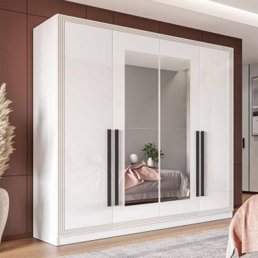Imagem de Guarda-Roupa Casal Valência 4 Portas 4 Gavetas com Espelho Branco - Politorno
