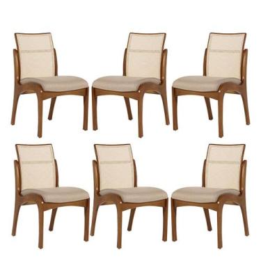 Imagem de Kit 6 Cadeiras de Madeira para Mesa de Jantar com Encosto Tela Lisboa 