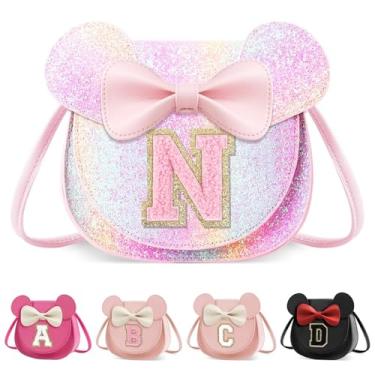 Imagem de XSUIOY Bolsa infantil para meninas, presente de aniversário para crianças, bolsa infantil com inicial personalizada, lindo laço de orelha, presente de menina, Rosa brilhante grande, N, N