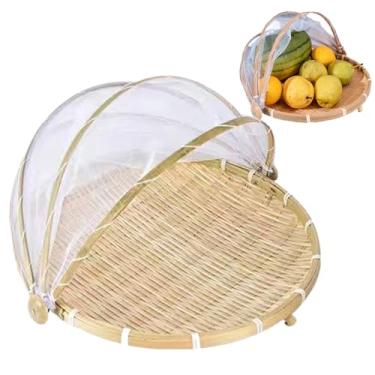 Imagem de Cesta de bambu, cesta de frutas à prova de insetos à prova de insetos com capa, capas de alimentos de malha frágil visível, capas de alimentos de malha redonda portátil