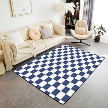 Imagem de Erosebridal Tapete xadrez azul branco 1,28 m x 3'7,6 cm Tapete quadriculado azul marinho para crianças, meninos e adolescentes, tapete de chão interno quadriculado moderno, estético, geométrico,