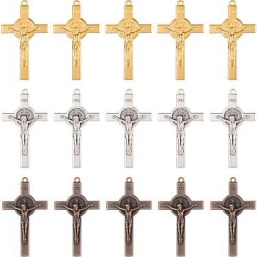 Imagem de LiHan1028 30 pingentes de cruz de liga de cor mista - pingentes de crucifixo de São Bento com design intrincado para fazer joias faça você mesmo, 5,8 cm, ouro prata bronze, Medium, Liga de aço, Strass
