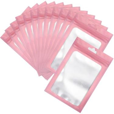 Imagem de 100 unidades de sacos de armazenamento de alimentos Mylar Ziplock resseláveis, saco à prova de cheiro com janela transparente, bolsa de embalagem para grãos de café, doces e amostras de alimentos (rosa, 7,6 x 12,8 cm)
