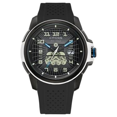 Imagem de Citizen Relógio masculino Eco-Drive Star Wars Imperial Storm Trooper preto banhado a íon em aço inoxidável, pulseira de silicone preta perfurada, mostrador preto, 3 ponteiros (modelo: AW1659-00W),
