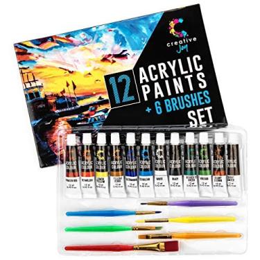 Imagem de Creative Joy Conjunto de tinta acrílica e pincéis - 12 tintas e 6 pincéis - Ótimo para todas as idades - Iniciante a especialista - Lavável - Uso interno e externo - Conjunto de arte