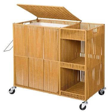 Imagem de WOWLIVE Cesto de roupa suja com rodas, cesta de lavanderia tecida à mão com tampa, prateleiras, cesto de roupas com rodinhas com saco de forro removível, organizador de lavanderia grande de 110 L