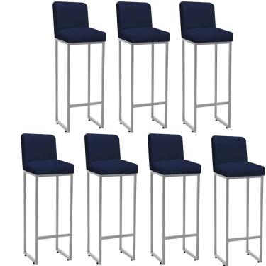 Imagem de Kit 07 Banqueta Alta Com Encosto Lucca -60cm Chão Até O Assento Industrial Ferro Cinza Corino Azul Marinho - Amey Decor