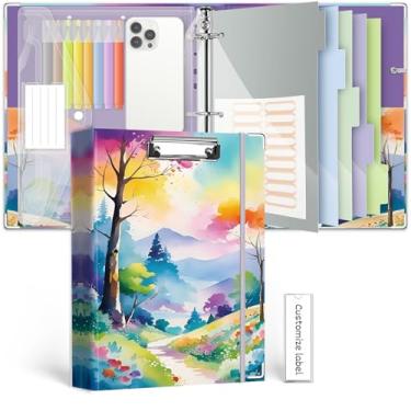 Imagem de Organizador de fichário de 3 anéis, 2,5 cm, fichários BVSSX com três anéis com prancheta, divisórias de bolsos de 5 abas, pasta de plástico, 18 divisórias stikers, alça para caneta (trilha arco-íris