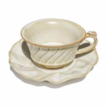 Imagem de Xícara de cappuccino de cerâmica vintage de 142 g/160 ml, caneca de café de grés engraçada, conjunto de xícara de chá e pires japoneses para 1, pequeno copo com leite, seguro para micro-ondas e