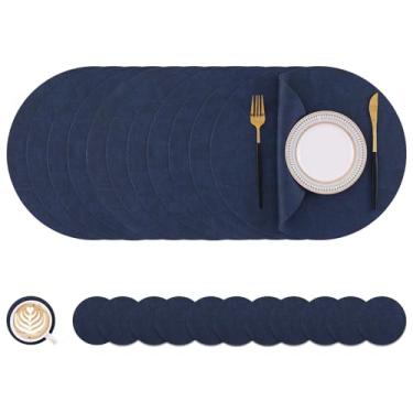 Imagem de Homaxy Jogo americano e porta-copos redondos de couro sintético, tapetes de mesa laváveis de dois lados, tapetes de jantar resistentes ao calor limpáveis para ambientes externos e internos, conjunto