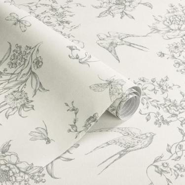 Imagem de Papel de parede floral cinza para contato com pássaros vintage 40 cm × 394 cm creme branco e cinza floral autoadesivo removível papel de parede decorativo flores pássaros para armários de banheiro
