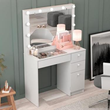 Imagem de Penteadeira Ditália c/ tampo de vidro + kit luz PE-120, Branco