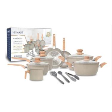 Imagem de Jogo de Panelas Cerâmica Antiaderente 10 Peças Neuhaus Marble Life – Compatível com Indução, Gás e Elétrico – Com Utensílios em Silicone – Cor Light Grey