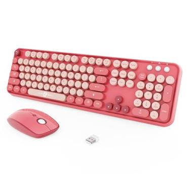 Imagem de Combo sem fio de teclado e mouse, máquina de escrever de tamanho completo, teclado e mouse sem fio com teclas redondas para Windows, computador, desktop, PC, laptop, rosa