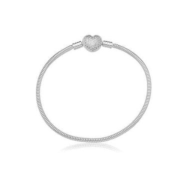 Imagem de Pulseira Para Berloque Maleável Fecho Coração Cravejado Pandora Prata 