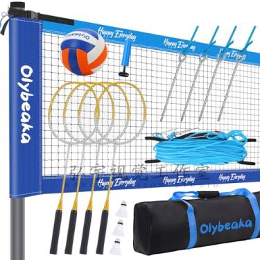 Imagem de Olybeaka Conjunto De Badminton E Vôlei 32 Pés Com Rede, Design Anti-Flacidez, 4 Raquetes, 3 Birdies Pu Para Gramado Praia No Quintal (Azul)