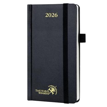 Imagem de POPRUN Agenda de bolso 2026 Week to View 8,9 cm x 16,5 cm capa dura – Pequeno calendário diário semanal mensal com fecho elástico, suporte para caneta, papel marfim - preto