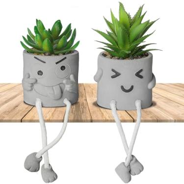 Imagem de INFTYLE Plantas suculentas artificiais criativas em vasos - 2 peças de mini plantas falsas suculentas de cimento emocional em vaso para casa, mesa, prateleira, cozinha e decoração de escritório (2